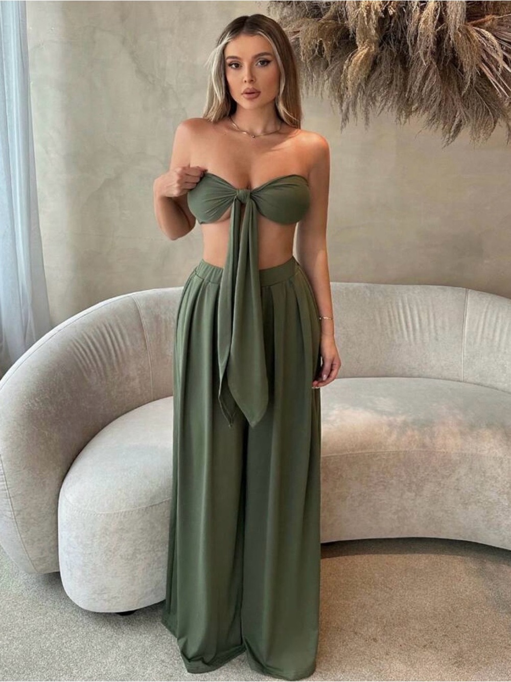 SHEIN Green Strapless Tie-Front Top Pants Set